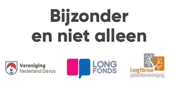 Bijzonder en niet alleen, logo's samenwerkende partijen: VND, Longfonds en longfibrose patiëntenvereniging