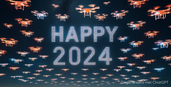 Happy 2024 met drones, gegenereerd via ChatGPT