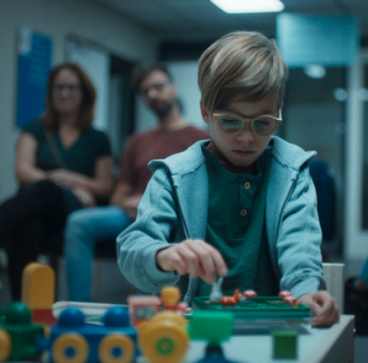 Kind speelt met trein in wachtkamer