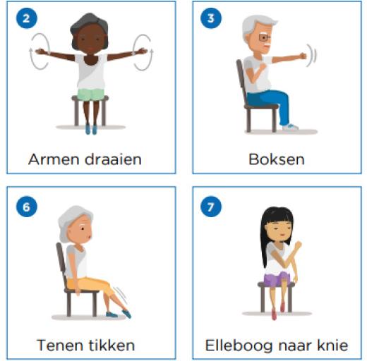 Beweegkaart, getekende poppetjes doen oefeningen