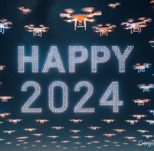 Happy 2024 met drones, gegenereerd via ChatGPT