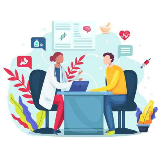 Animatie van arts en patiënt in gesprek met elkaar