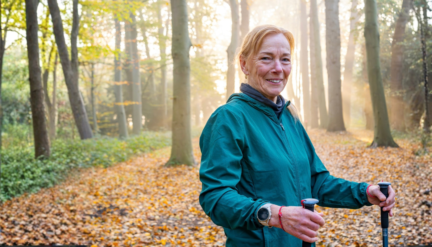 Senior vrouw in het bos in het najaar