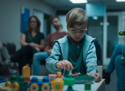 Kind speelt met trein in wachtkamer