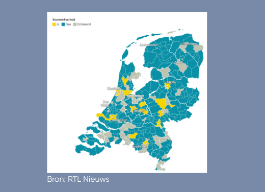 Plaatje NL vuurwerkvrije gemeenten 2025 (Bron: RTL Nieuws)
